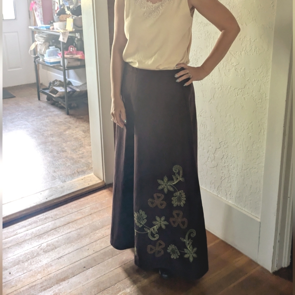 Bechamel long A-line skirt embroidered floral denim Brown 12 - Picture 2 of 7